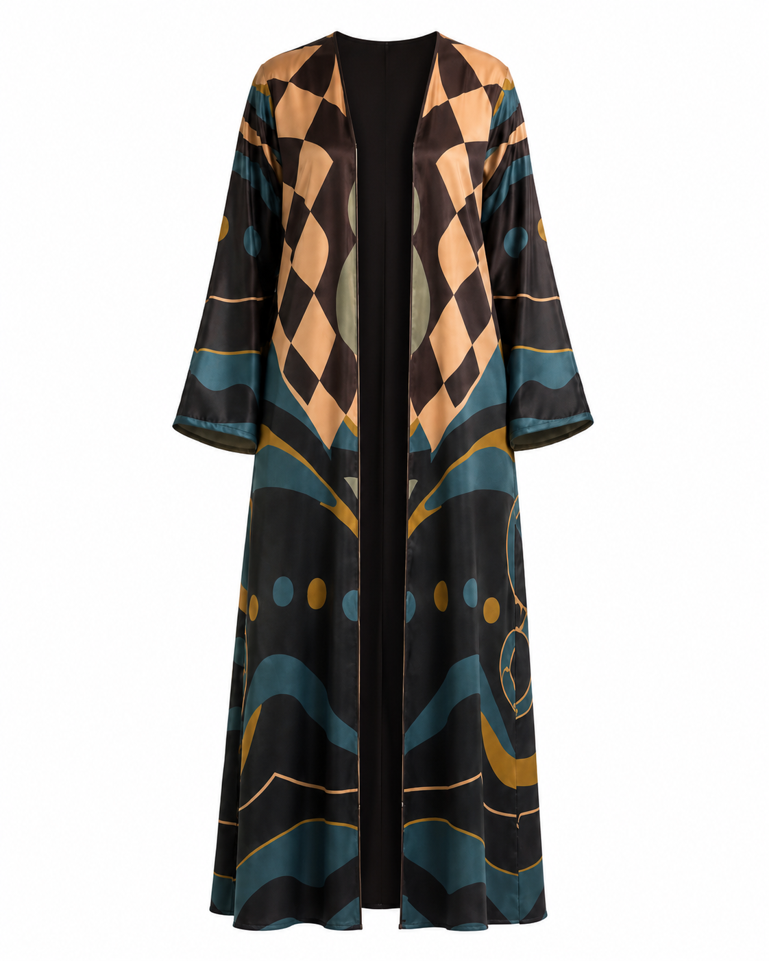 Women's Luxury Printed Satin Silk Abaya with Matching Hijab - Open & Closed Style Maxi Kaftan for Special Occasions