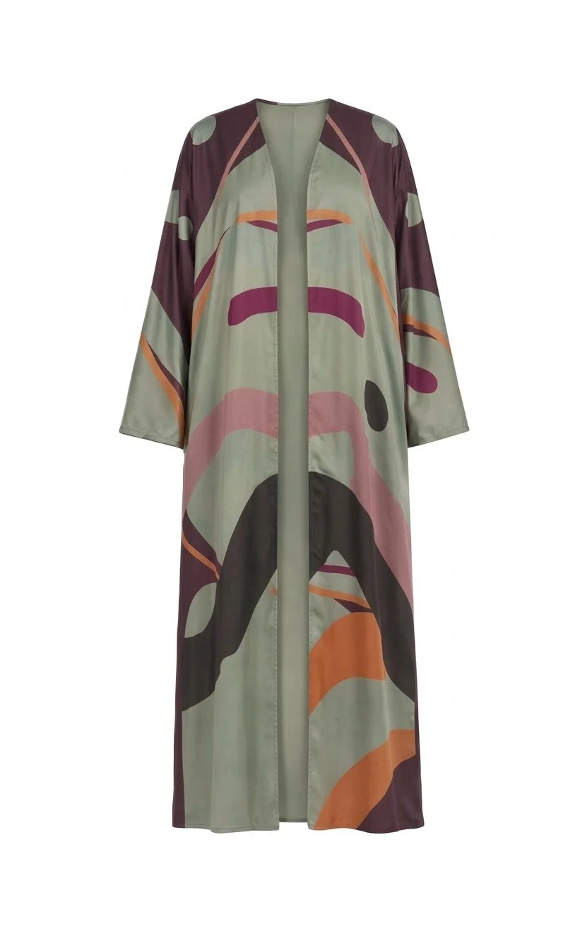 Mirage Silk Abaya with Matching Chiffon Hijab | Sage Green Abstract Art Print