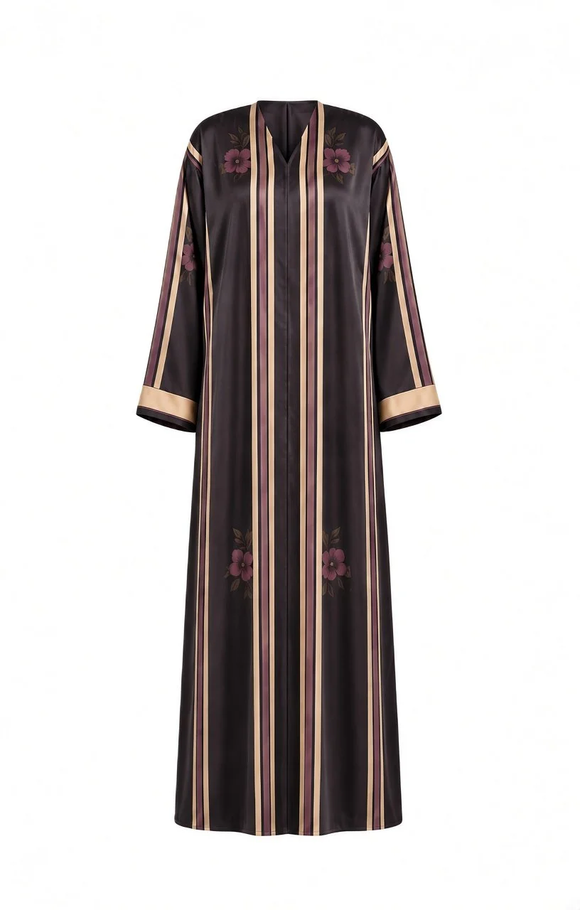 Plum Blossom Stripe Silk Abaya with Matching Chiffon Hijab - Deep Plum, Champagne & Mocha