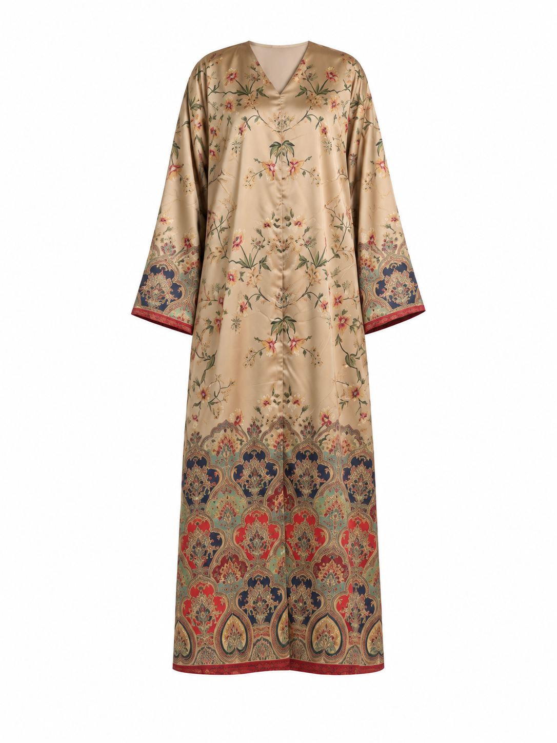 Champagne Beige Floral Abaya Set | East Asian-Inspired Botanical Print with Ornate Border, Wide Sleeves & Matching Hijab