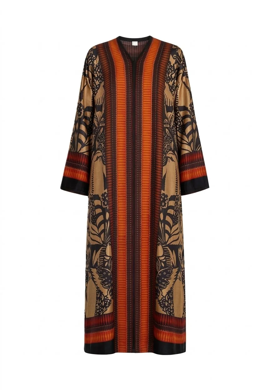 Amnad Women's Luxury Silk Feel Printed Open Front Abaya with Matching Hijab, Botanical Print
