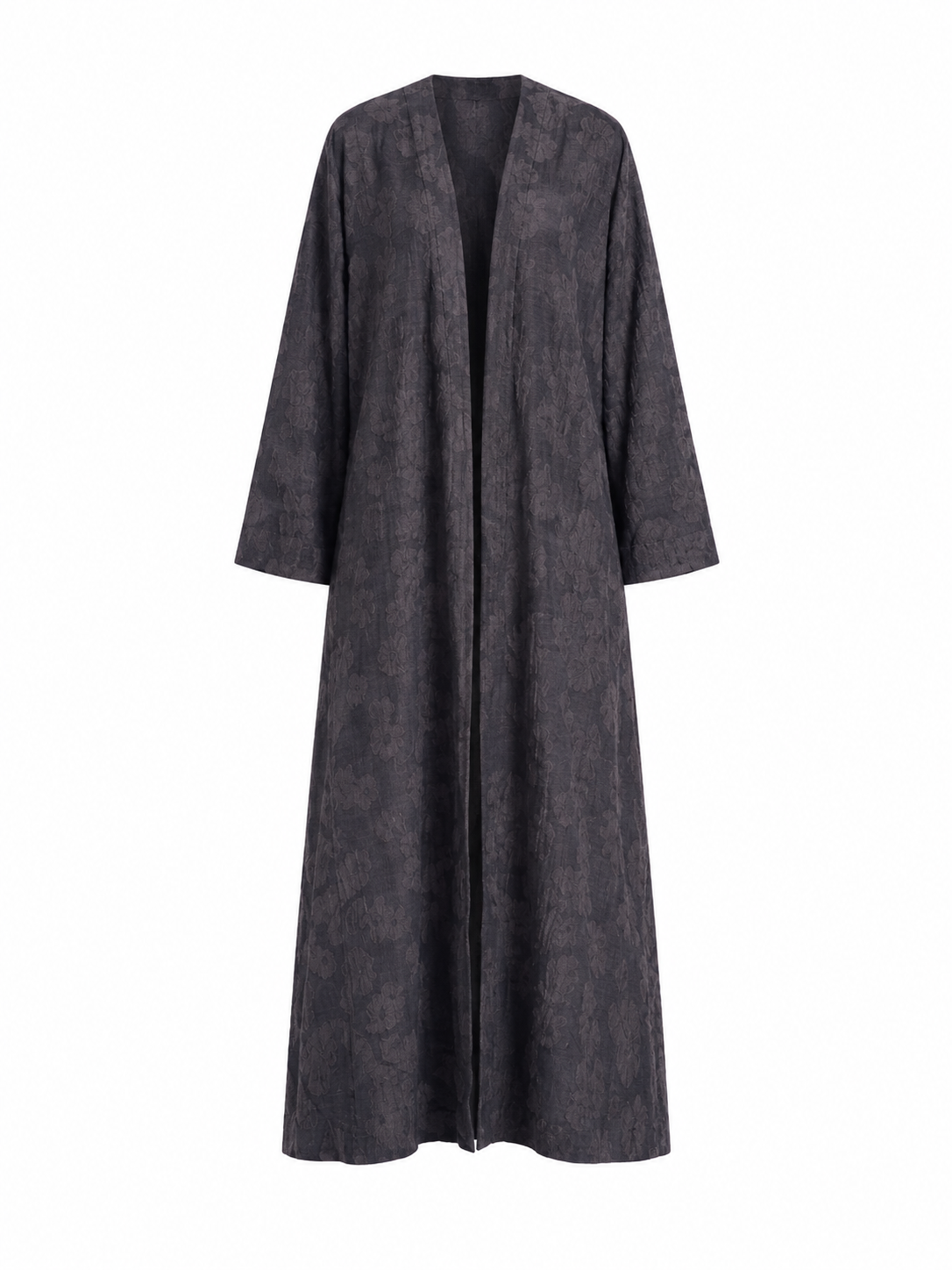 Denim Crepe Long Open Abaya Cardigan with Textured Floral Pattern