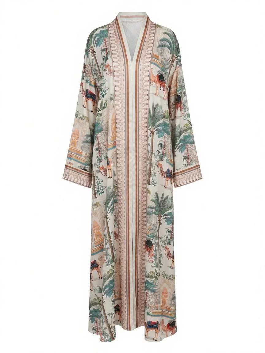 Women's Armani Silk Printed Abaya with Matching Hijab, Desert & Palm Print, Modest Loose Fit