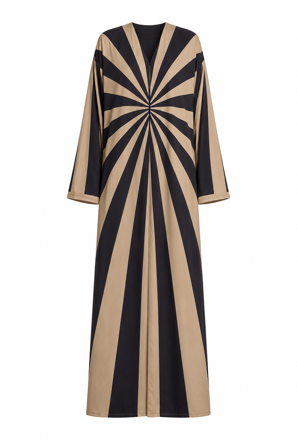 Solar Eclipse Silk Abaya with Matching Chiffon Hijab - Sand Beige & Midnight Black Sunburst Print