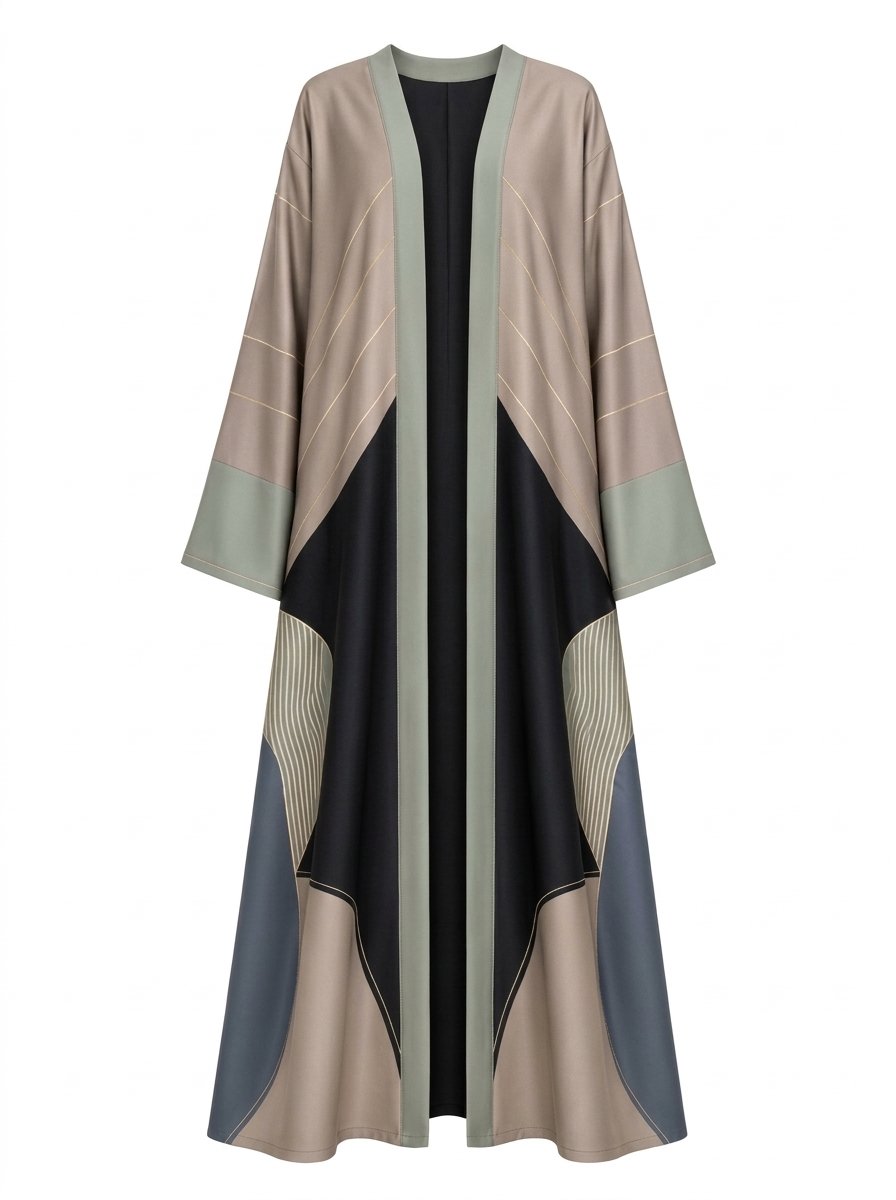 Women's Silk Open Abaya Colorblock with Matching Hijab - Black, Taupe & Sage Green with Gold Line Detail