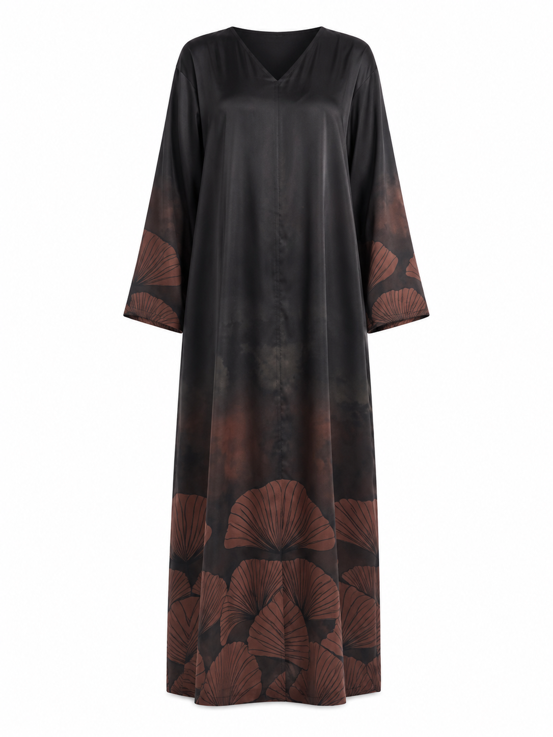Women's Black Silk Abaya with Matching Hijab, Rust Brown Fan Leaf Print, Full Length
