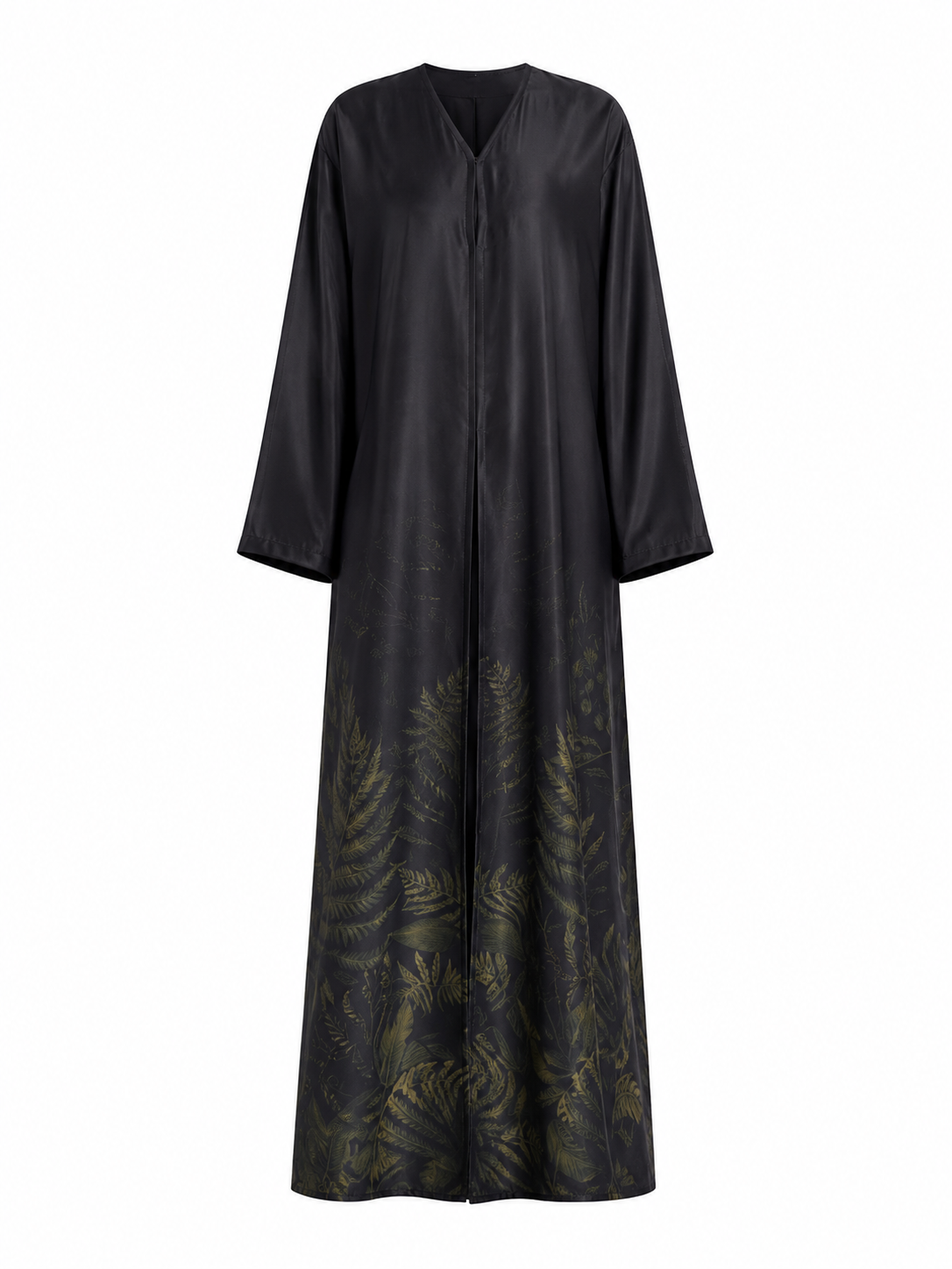 Women's Premium Silk Abaya, Black Olive Botanical Print Modest Kaftan Dress with Matching Hijab