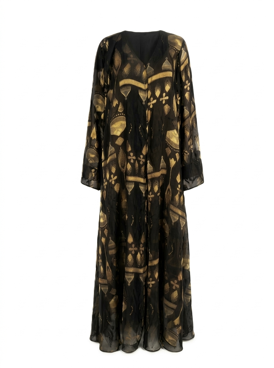 Women's Thread Motif Jacquard Chiffon Abaya with Matching Hijab - Olive Green & Black