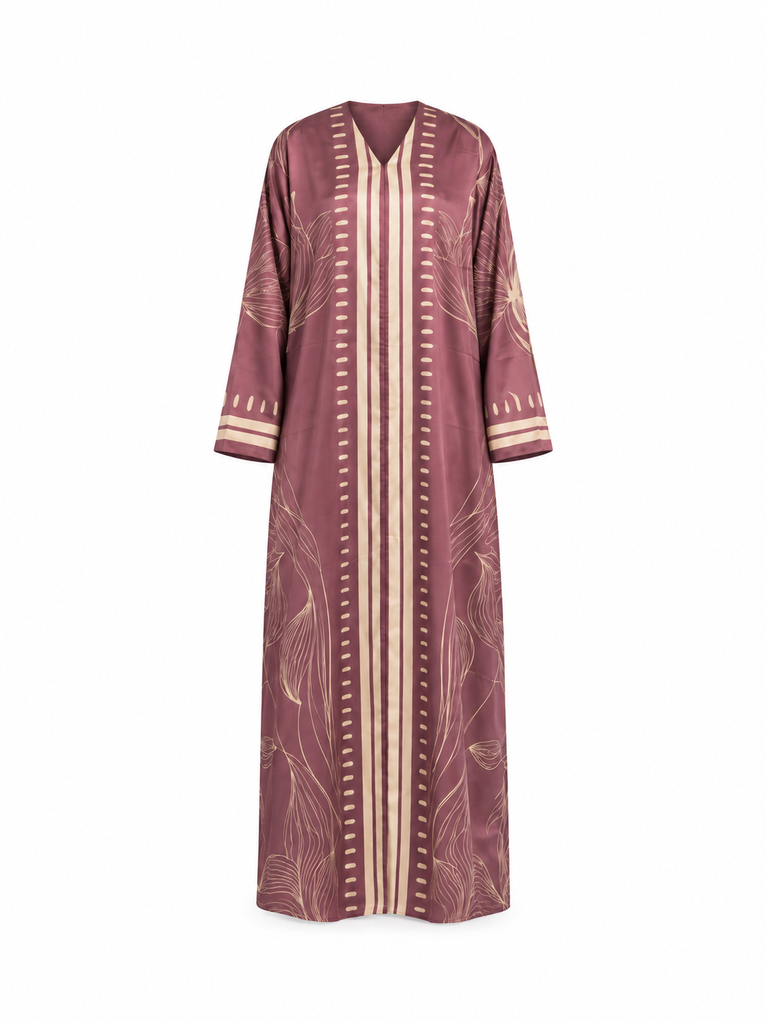 Mauve Silk Abaya Set | Floral Line Art Print with Vertical Stripe Detail & Matching Chiffon Hijab