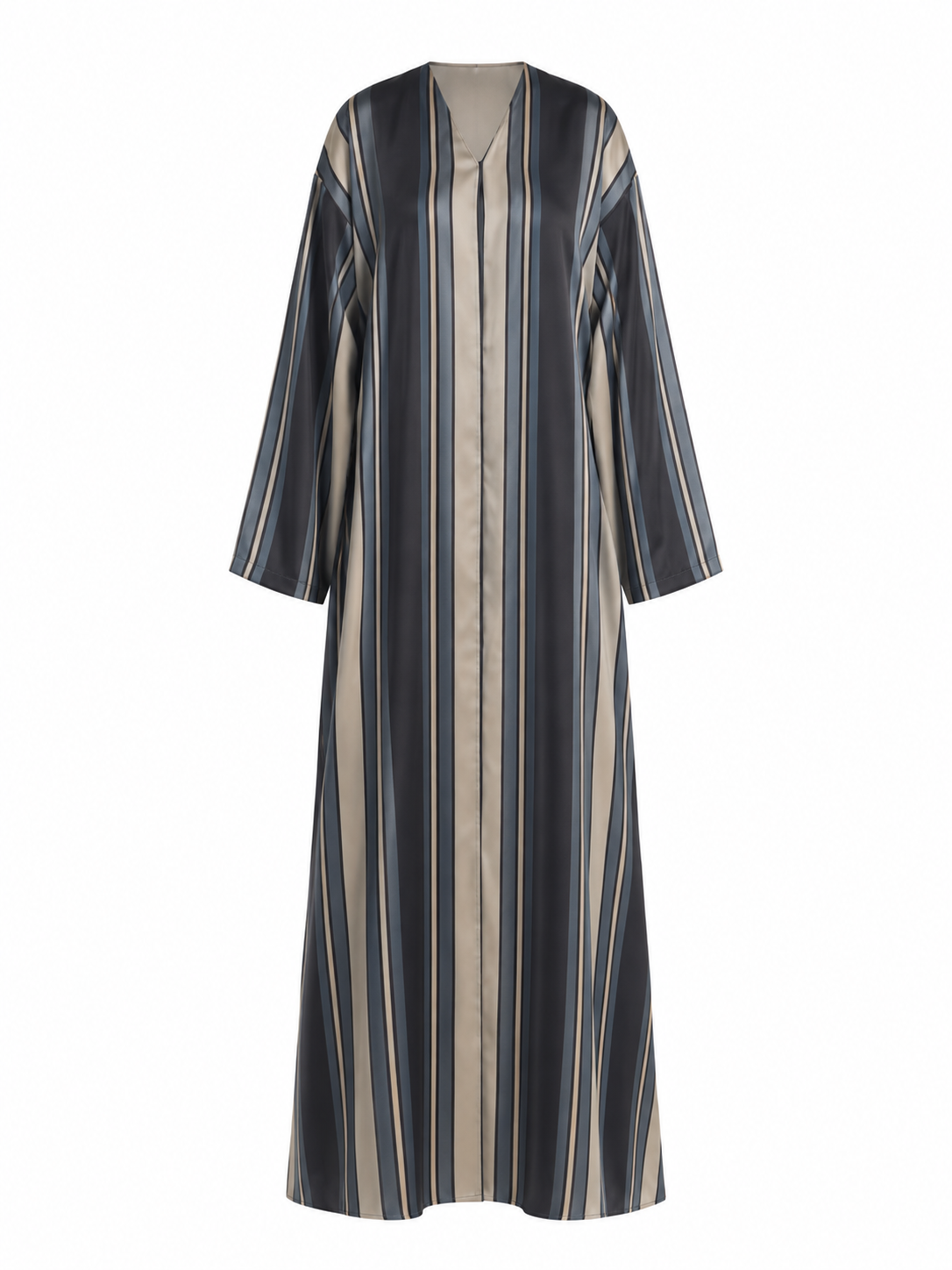 Charcoal & Beige Striped Silk Abaya Set | Vertical Stripe Design in Charcoal, Beige, Slate & Black, Wide Sleeves & Matching Chiffon Hijab
