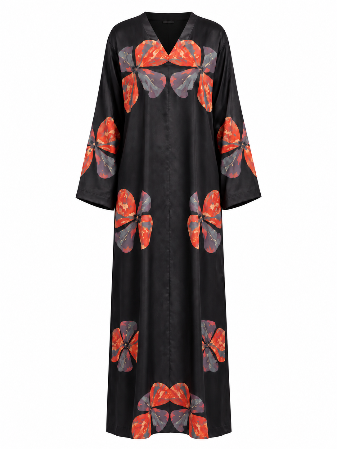Black Silk Abaya Set with Abstract Floral Print & Chiffon Hijab