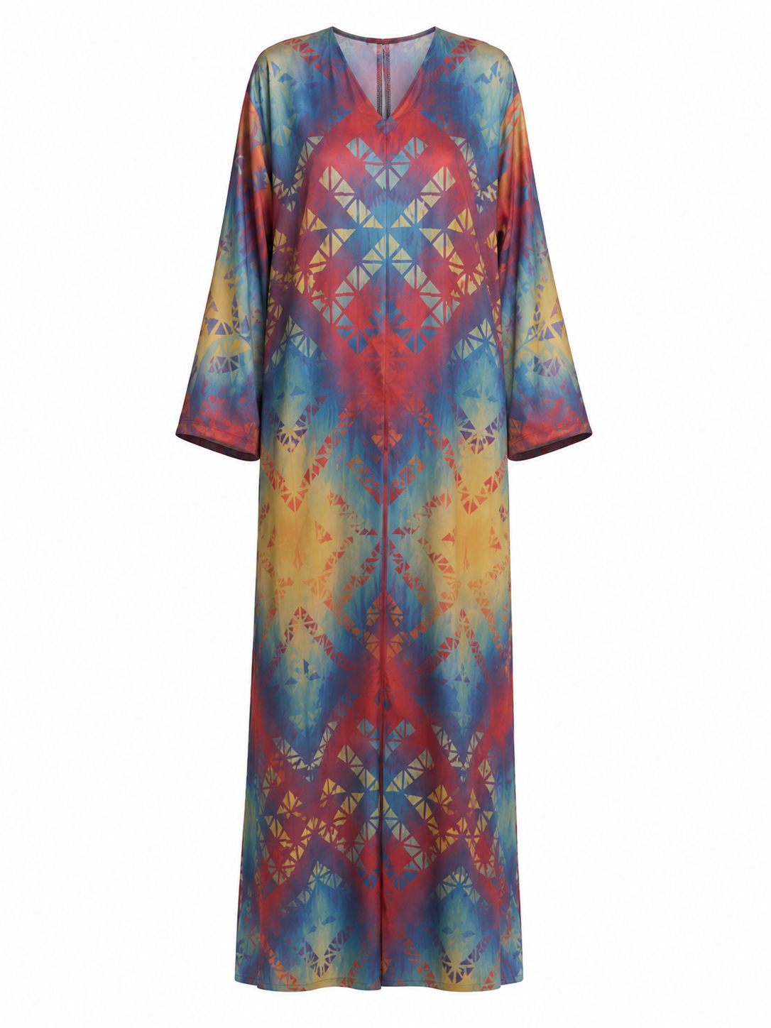 Prism Mosaic Silk Abaya with Matching Chiffon Hijab, Jewel-Tone Geometric Print