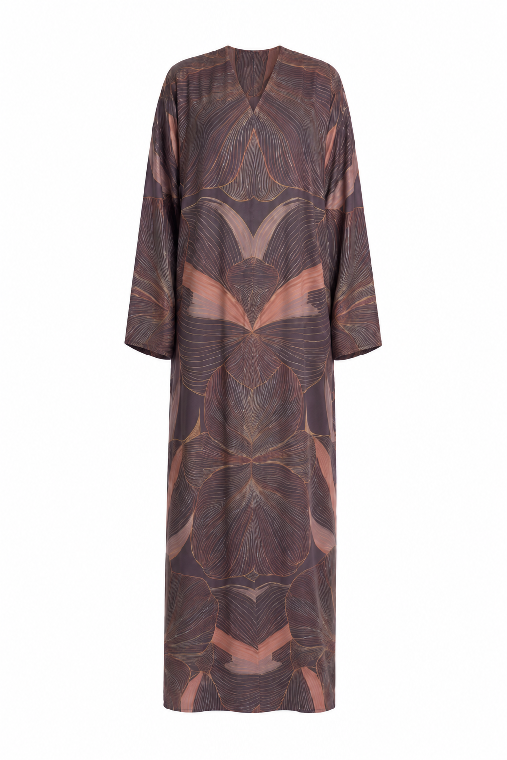 Midnight Ginkgo Silk Abaya with Matching Chiffon Hijab | Deep Aubergine & Rose Gold Botanical Print