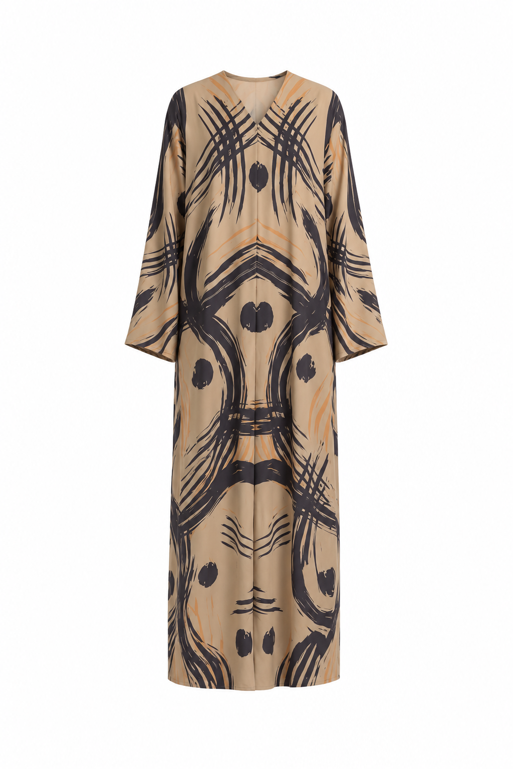 Women's Silk Abaya, Sand Beige with Charcoal Black Abstract Brush Print, Full Length Modest Kaftan Dress with Matching Hijab