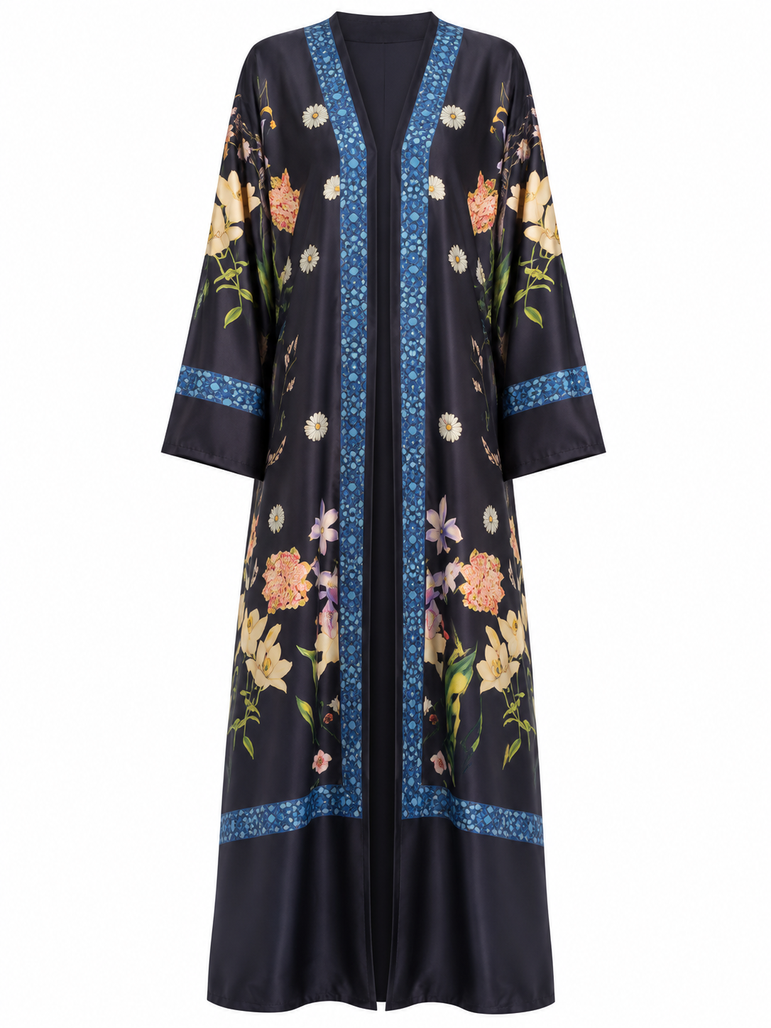 Women's Midnight Black Silk Open Abaya with Matching Hijab, Floral Print & Blue Mosaic Trim