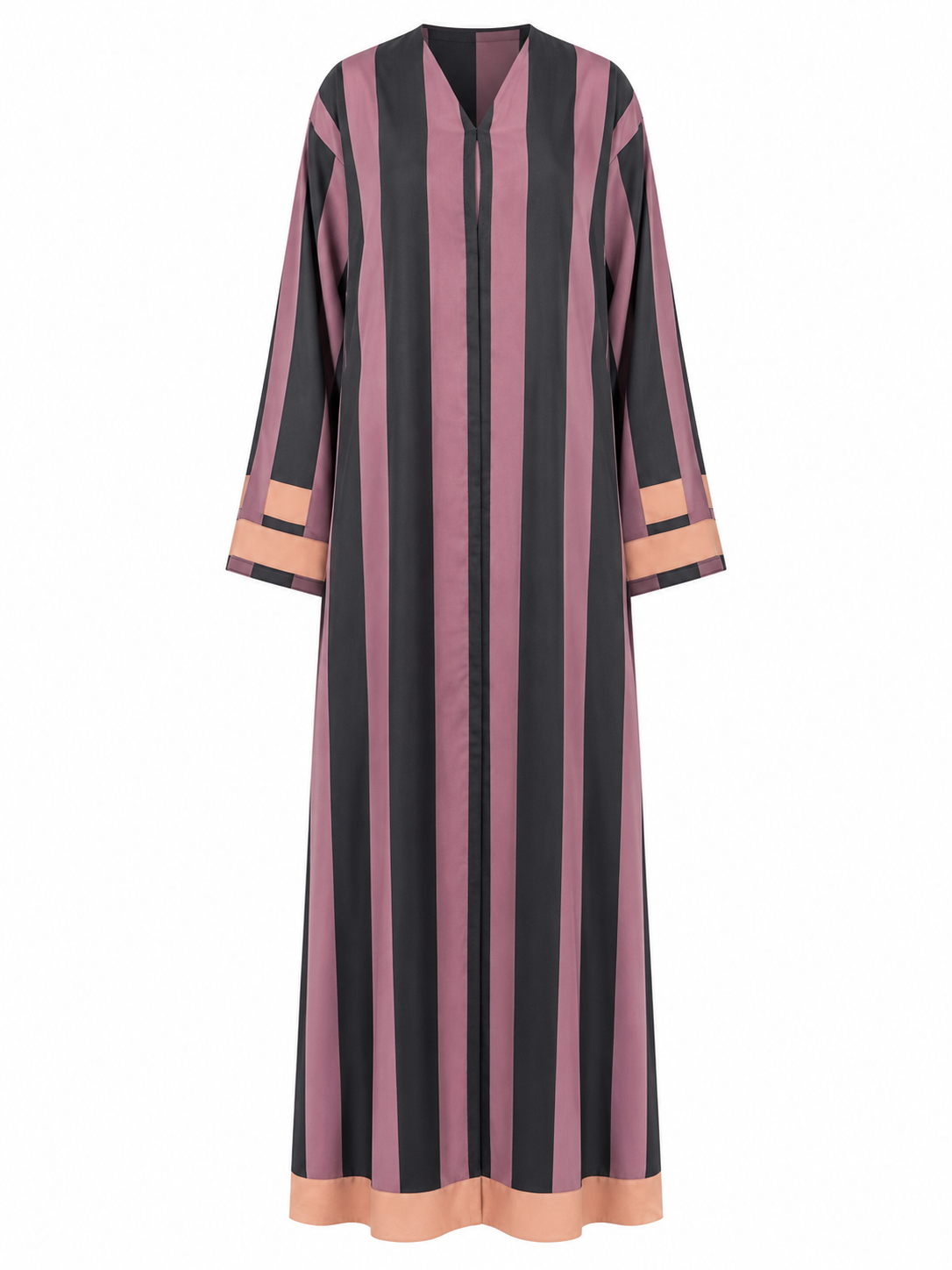 Rosewood Avenue Silk Abaya with Matching Chiffon Hijab - Dusty Mauve & Charcoal Stripe Print