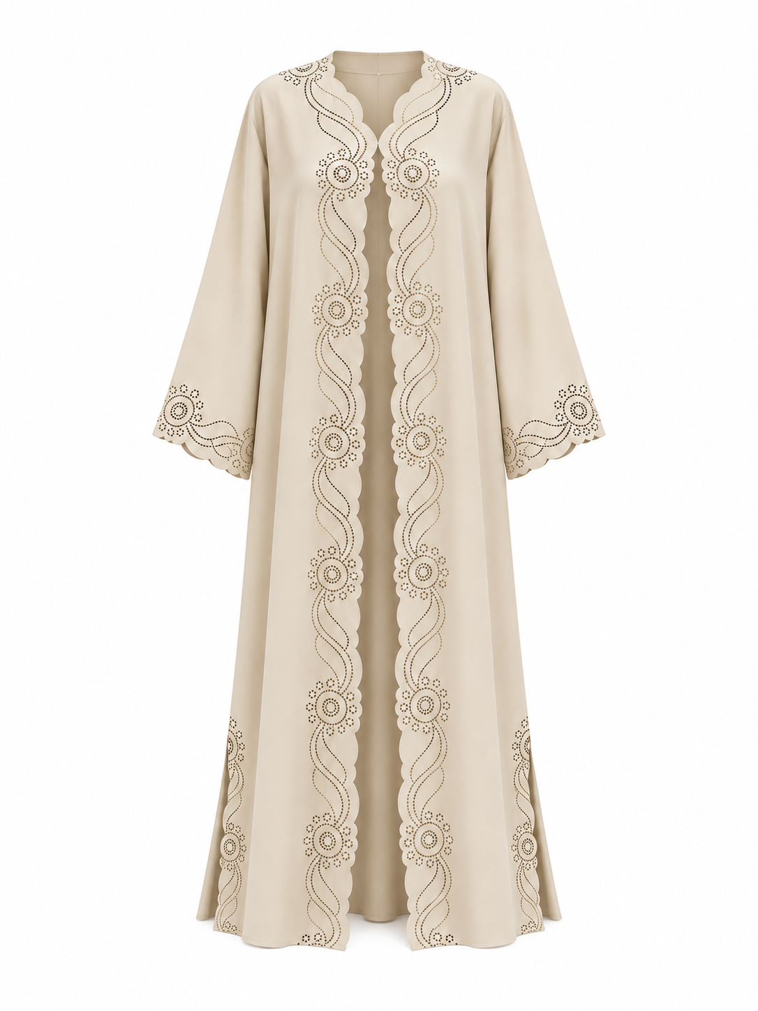 Bella Premium Cotton Laser-Cut Abaya for Women with Matching Hijab, Elegant Floral Cutwork, Open-Front Modest Wear