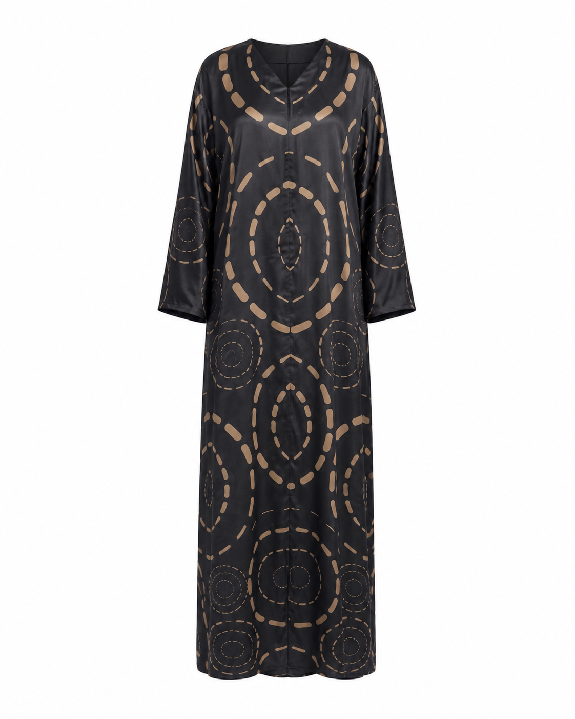 Halo Silk Abaya with Matching Chiffon Hijab, Black Geometric Circle Print
