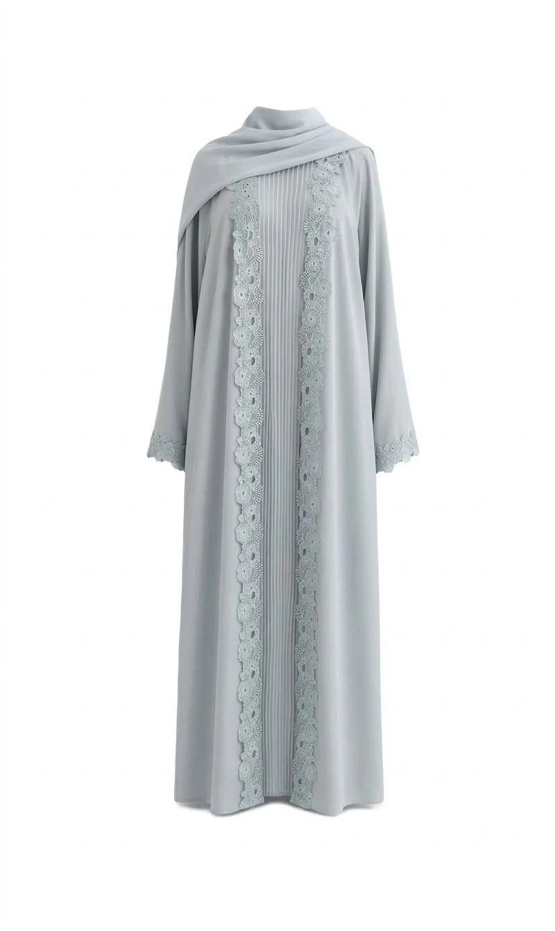 Special Edition, 3-Piece Lace-Trimmed Nida Abaya Set with Inner Dress & Chiffon Hijab, Sky Blue