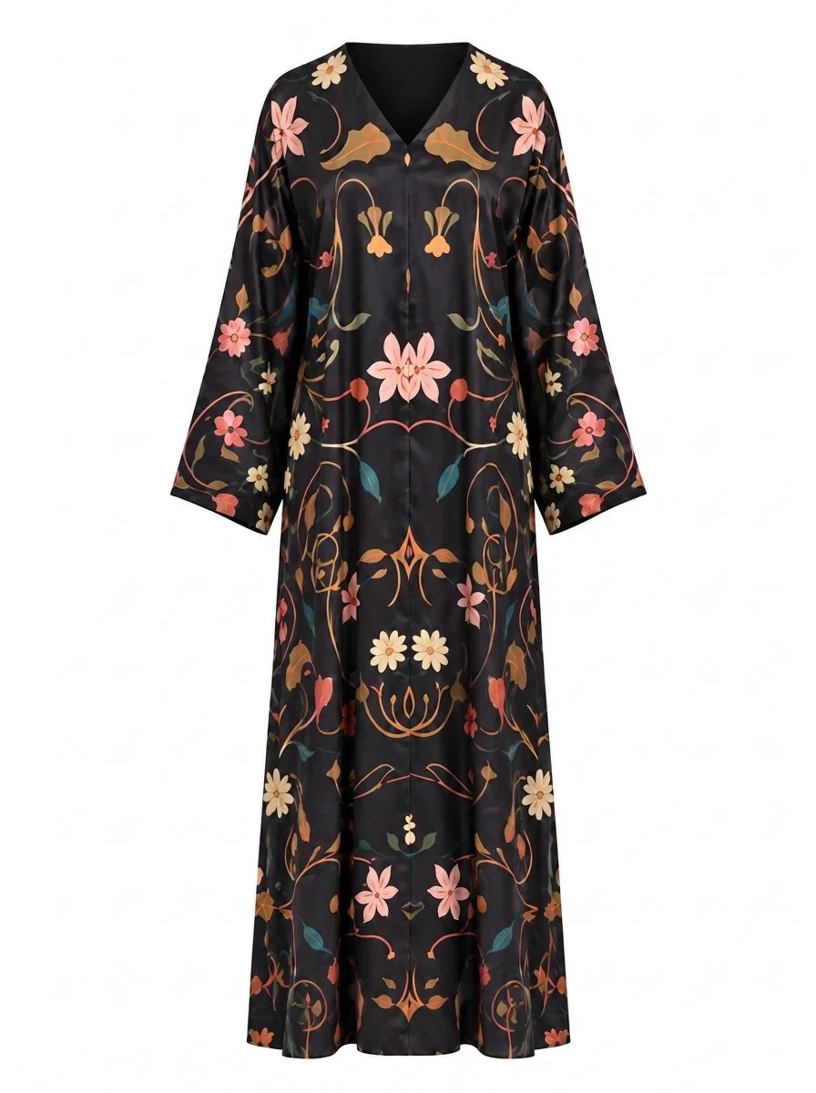 Layali Bloom Silk Abaya Set - Black Botanical Floral Print, Wide Sleeves & Matching Chiffon Hijab