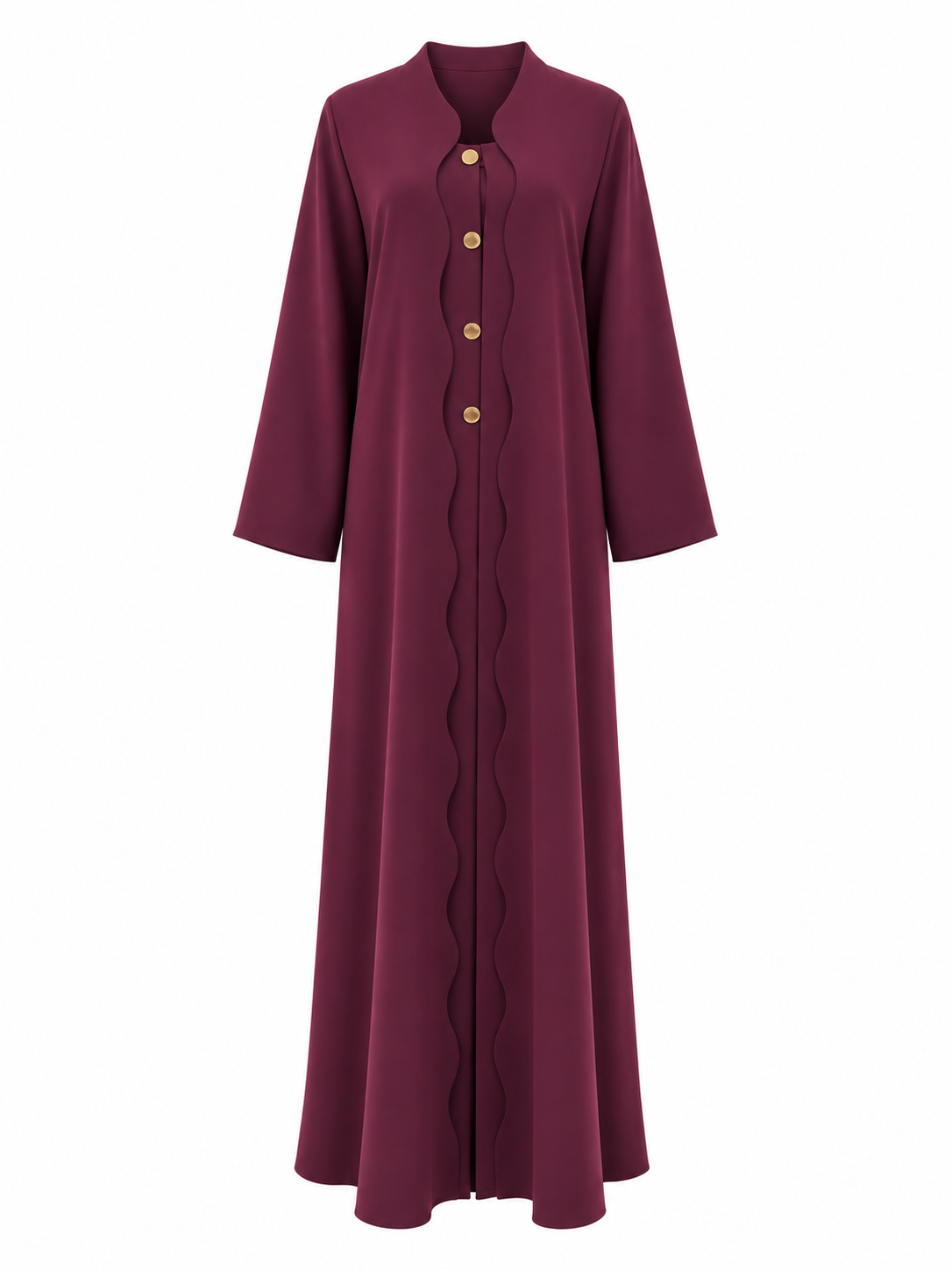 Burgundy Scalloped Abaya Set – Barbie Crepe Fabric with Gold-Tone Button Detail, Burgundy Chiffon Hijab