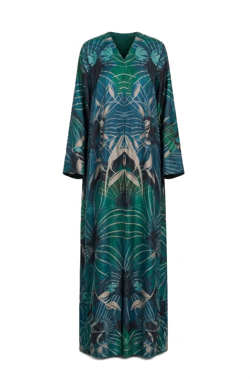 Luxury Printed Silk-Look Abaya for Women with Matching Hijab, Abstract Botanical Design, Blue & Emerald