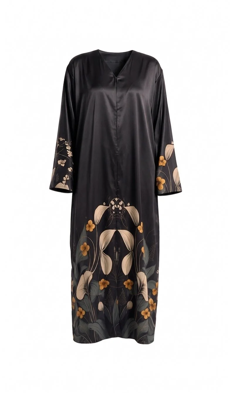 Premium Silk Abaya for Women, Black Floral Printed Modest Dress with Matching Hijab