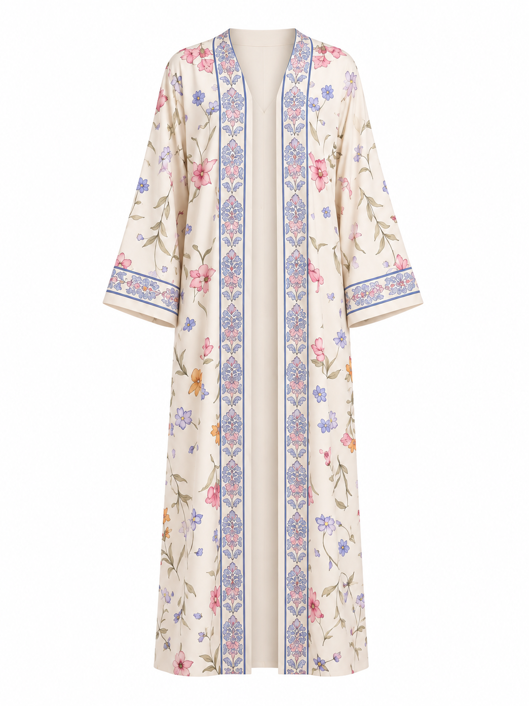 Jouri Silk Abaya Set - Ivory Botanical Floral Print with Ornamental Blue Borders, Wide Sleeves & Matching Chiffon Hijab