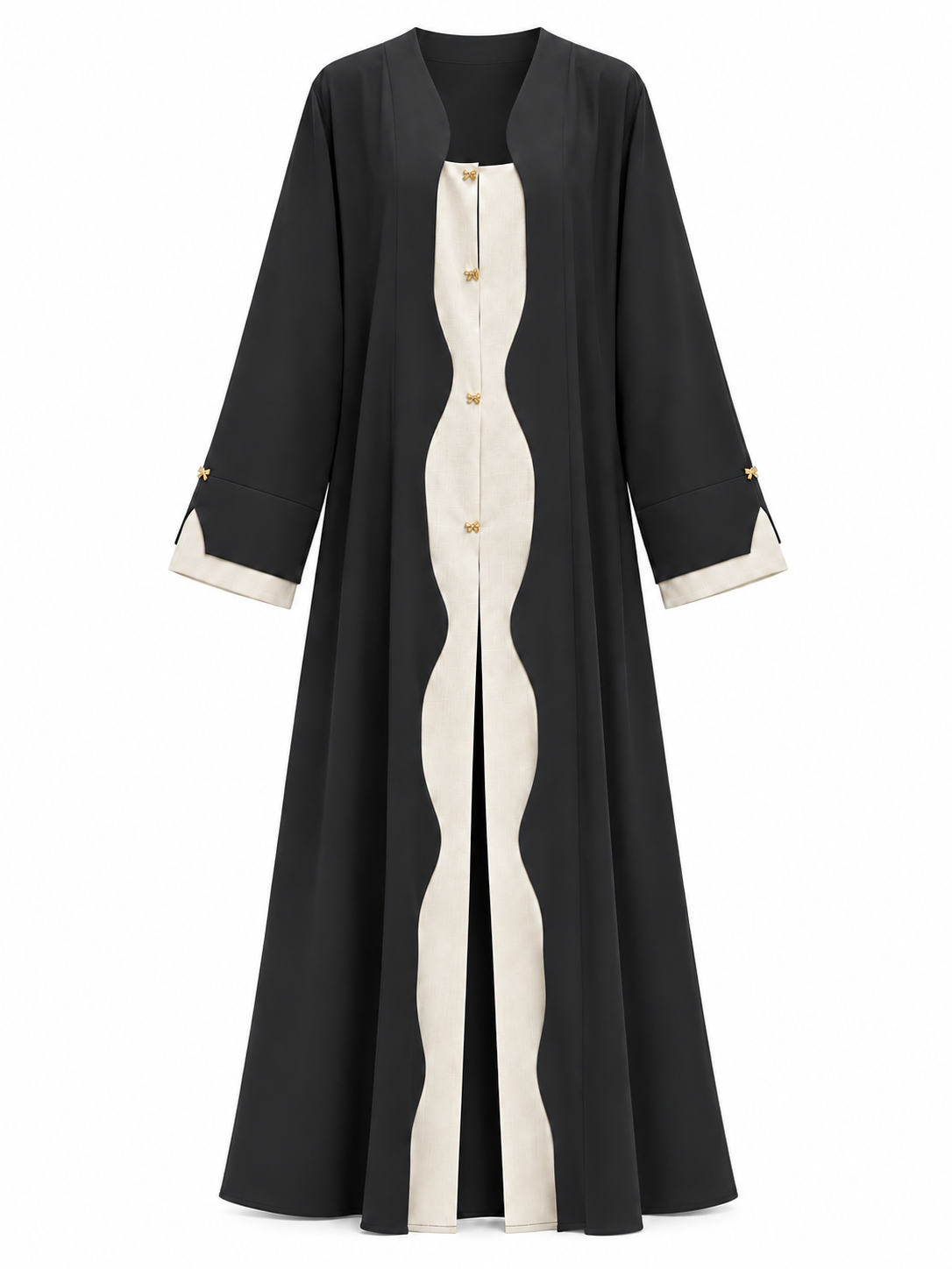 Black & Beige Scalloped Abaya Set | Nada & Linen Blend with Gold-Tone Bow Brooch Details & Black Chiffon Hijab