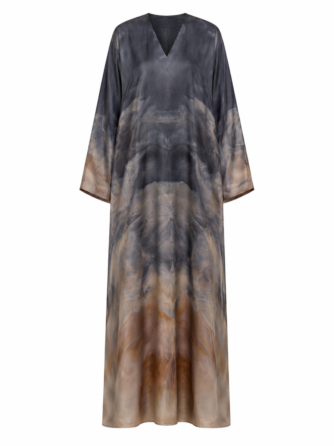 Desert Mist Silk Abaya with Matching Chiffon Hijab | Smoky Charcoal & Sandstone Watercolour Print