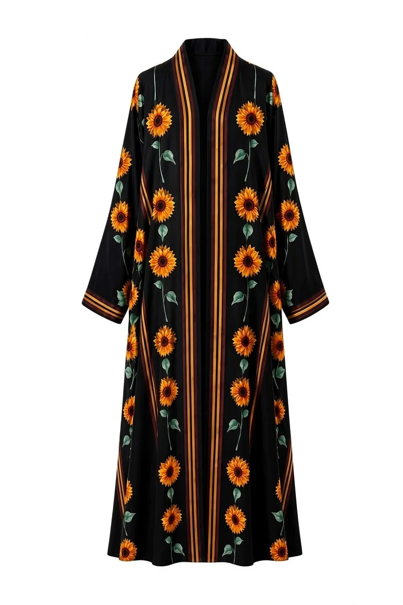 Golden Sunflower Print Black Armani Silk Abaya Set with Matching Chiffon Hijab