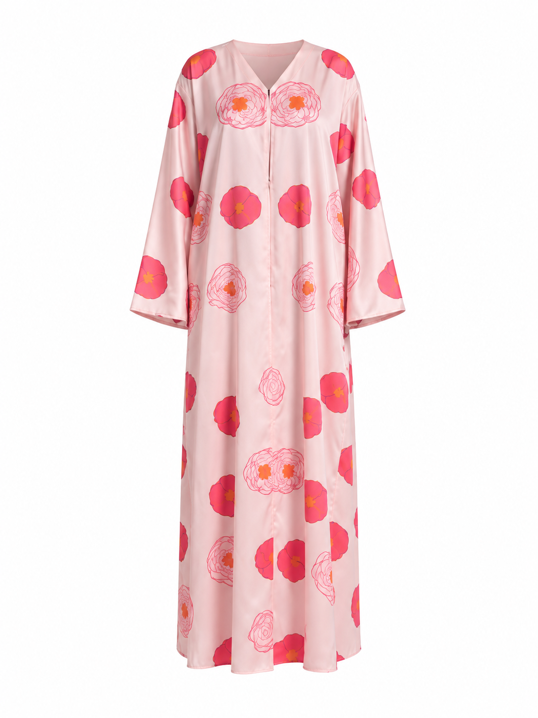 Baby Pink Silk Abaya Set | Floral Print Abaya with Vivid Pink & Coral Motifs, Wide Sleeves & Matching Chiffon Hijab