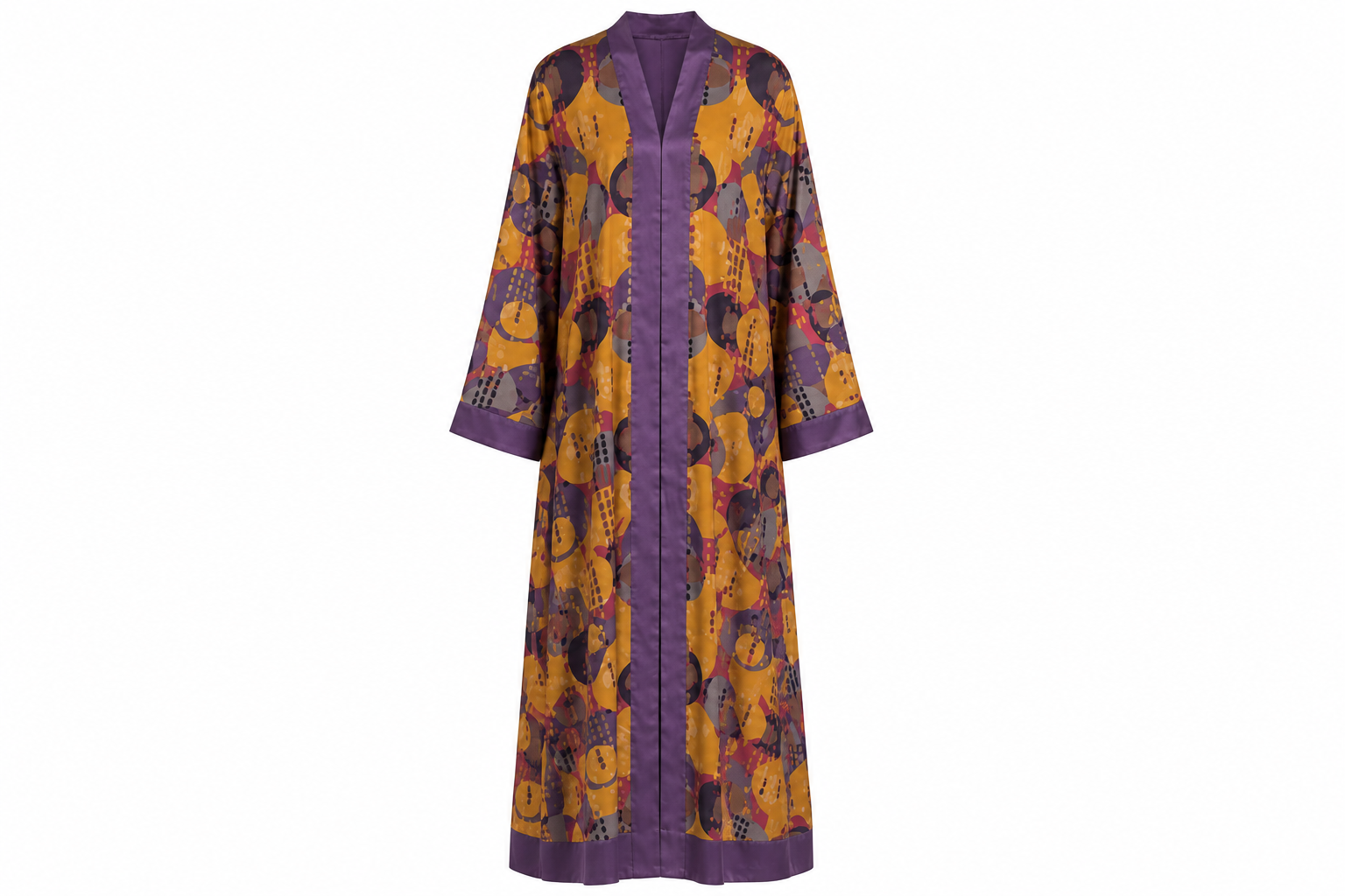 Autumn Mosaic Abstract Art Print Open Front Silk Abaya with Matching Chiffon Hijab, Mustard Gold & Plum