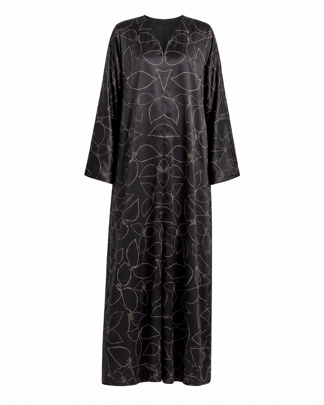 Noir Sketch Silk Abaya with Matching Chiffon Hijab, Black Abstract Floral Line Print