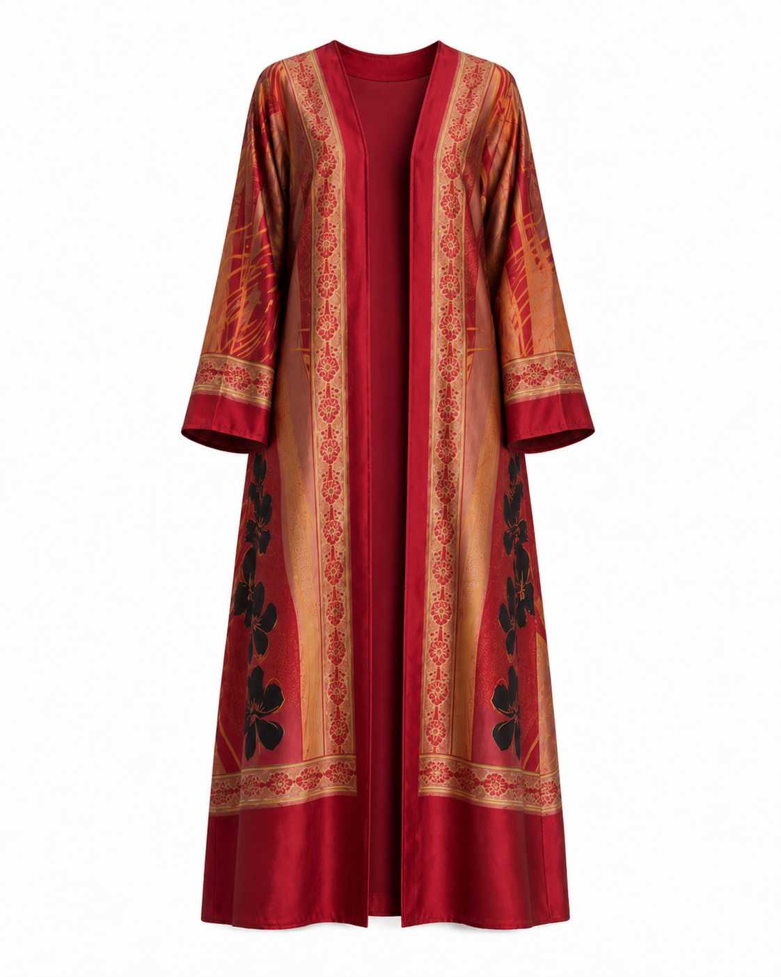 Luxury Printed Silk-Look Abaya with Matching Hijab for Women – Ornamental Border Print Maxi Kaftan