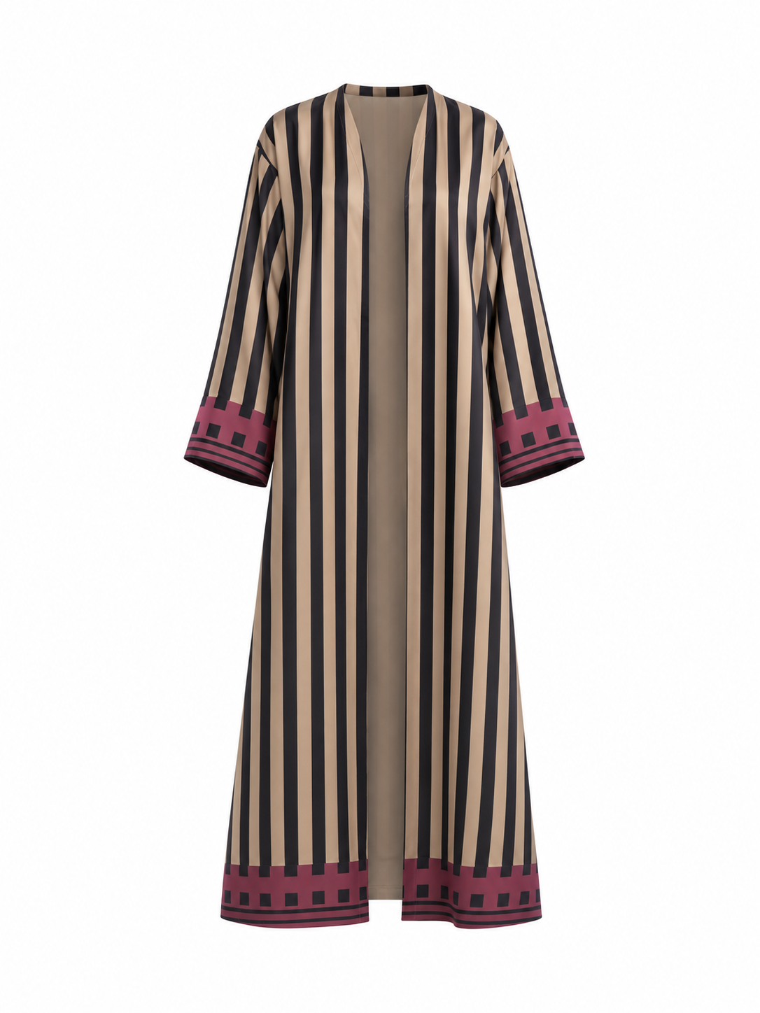Black & Beige Striped Silk Abaya Set – Purple Border Detail with Matching Chiffon Hijab