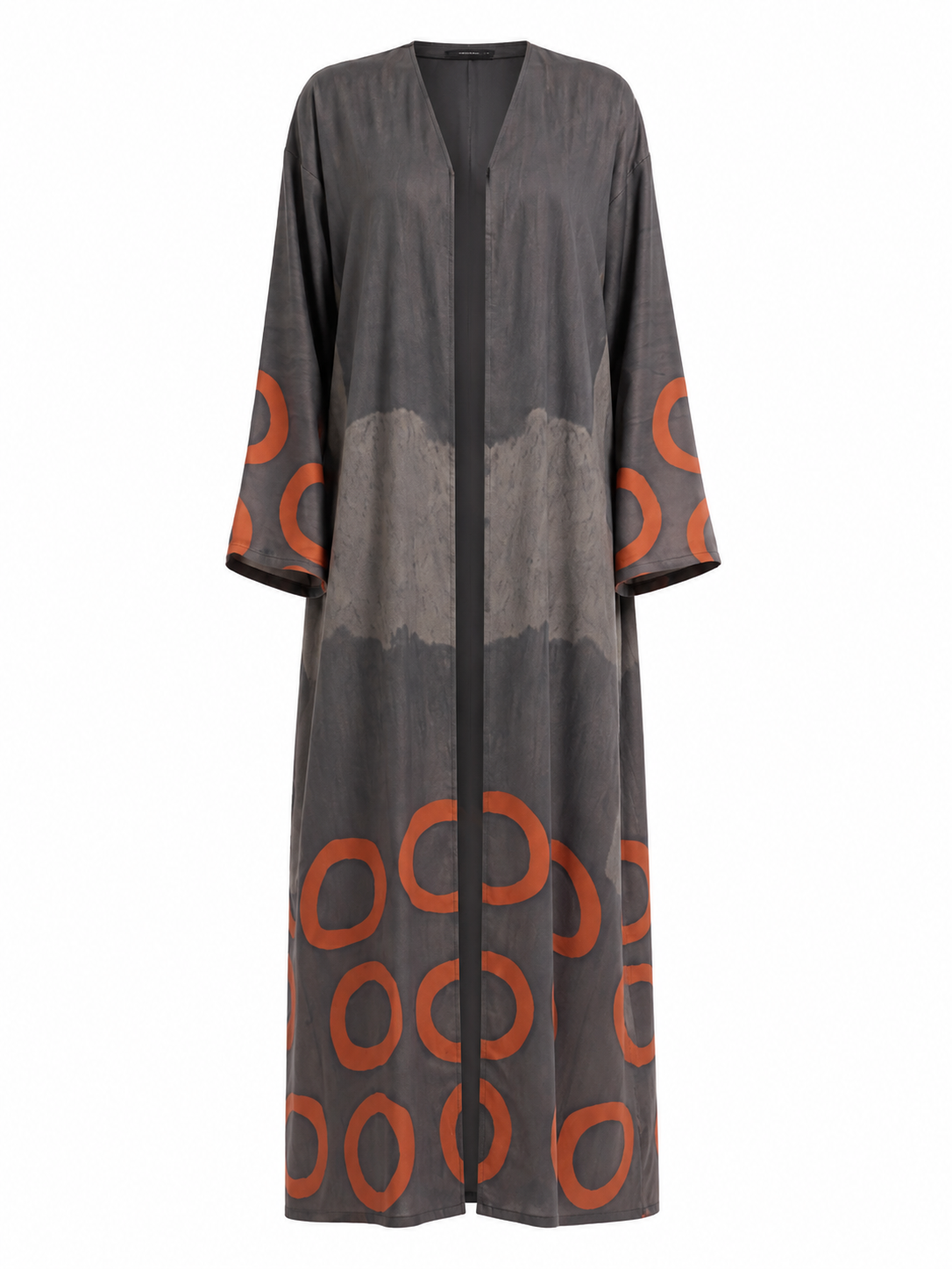 Women's Silk Open Abaya Graphite Grey with Burnt Orange Circle Print and Matching Hijab