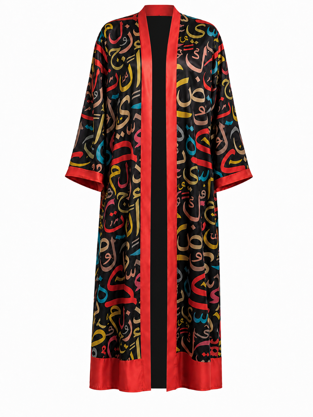 Khatt Noir Silk Abaya, Black Multicolour Arabic Calligraphy Print, Open Front, with Matching Chiffon Hijab
