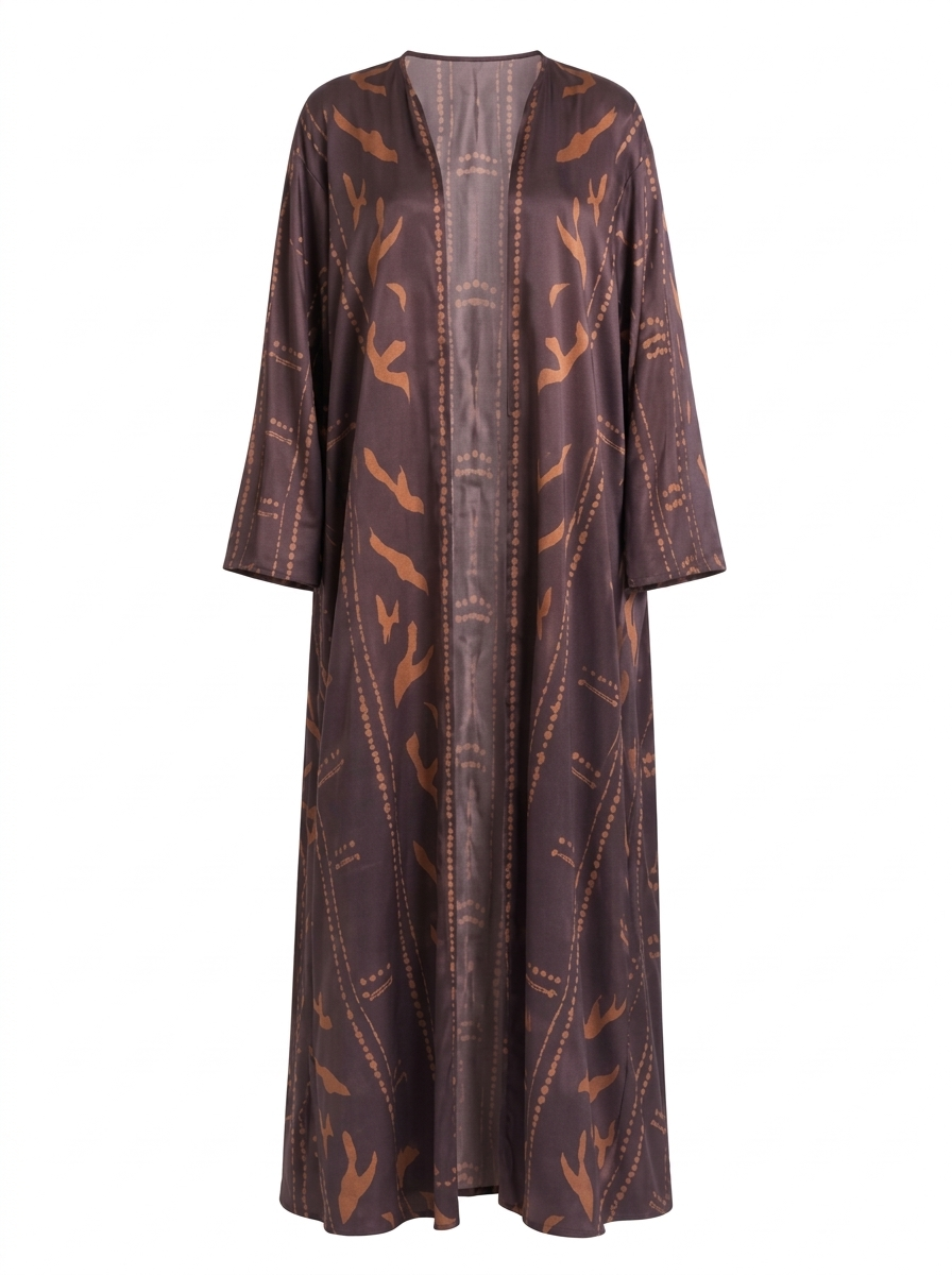 Plum Mirage Silk Abaya with Matching Chiffon Hijab, Deep Plum & Copper Abstract Print