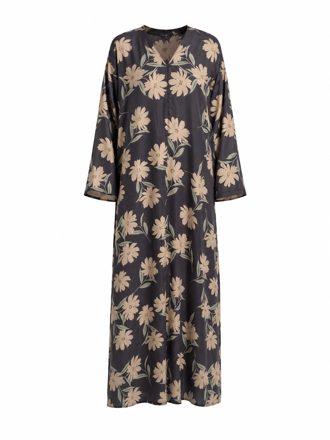 Ash Bloom Silk Abaya with Matching Chiffon Hijab, Charcoal Grey Wildflower Print