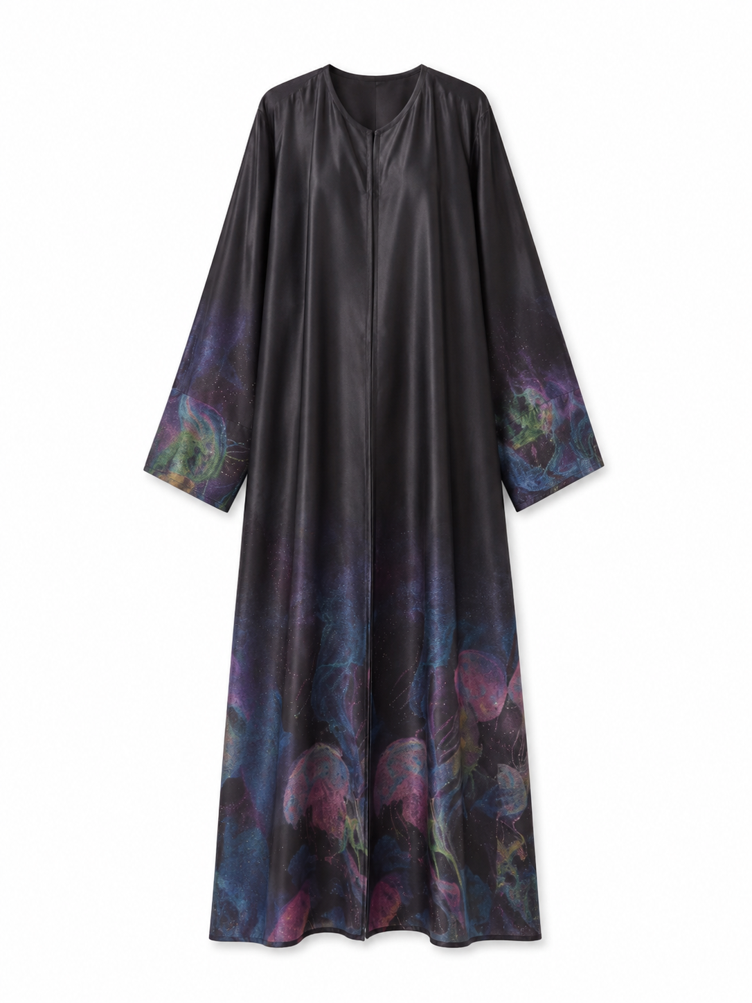 Women's Black Silk Open Abaya, Galaxy Floral Print, with Matching Hijab