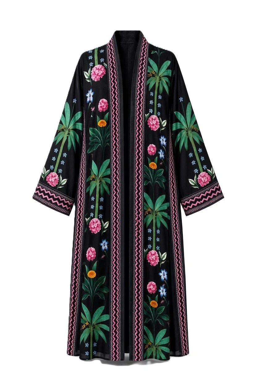Tropical Oasis Abaya Set with Matching Chiffon Hijab, Armani Silk, Black