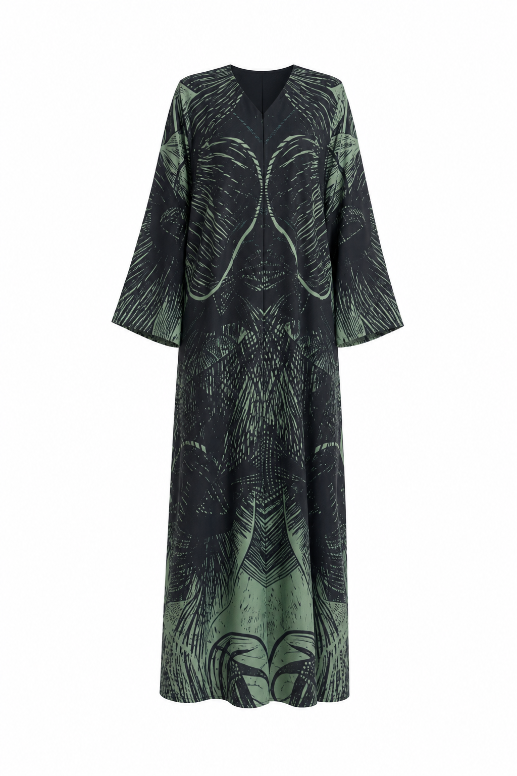Women's Silk Abaya with Matching Hijab, Forest Green & Black Palm Leaf Abstract Print