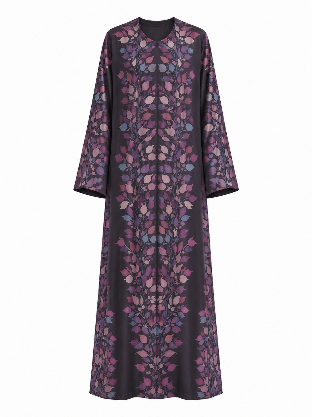 Twilight Vine Open Front Silk Abaya with Matching Chiffon Hijab, Plum Mauve Dusty Blue Botanical Print