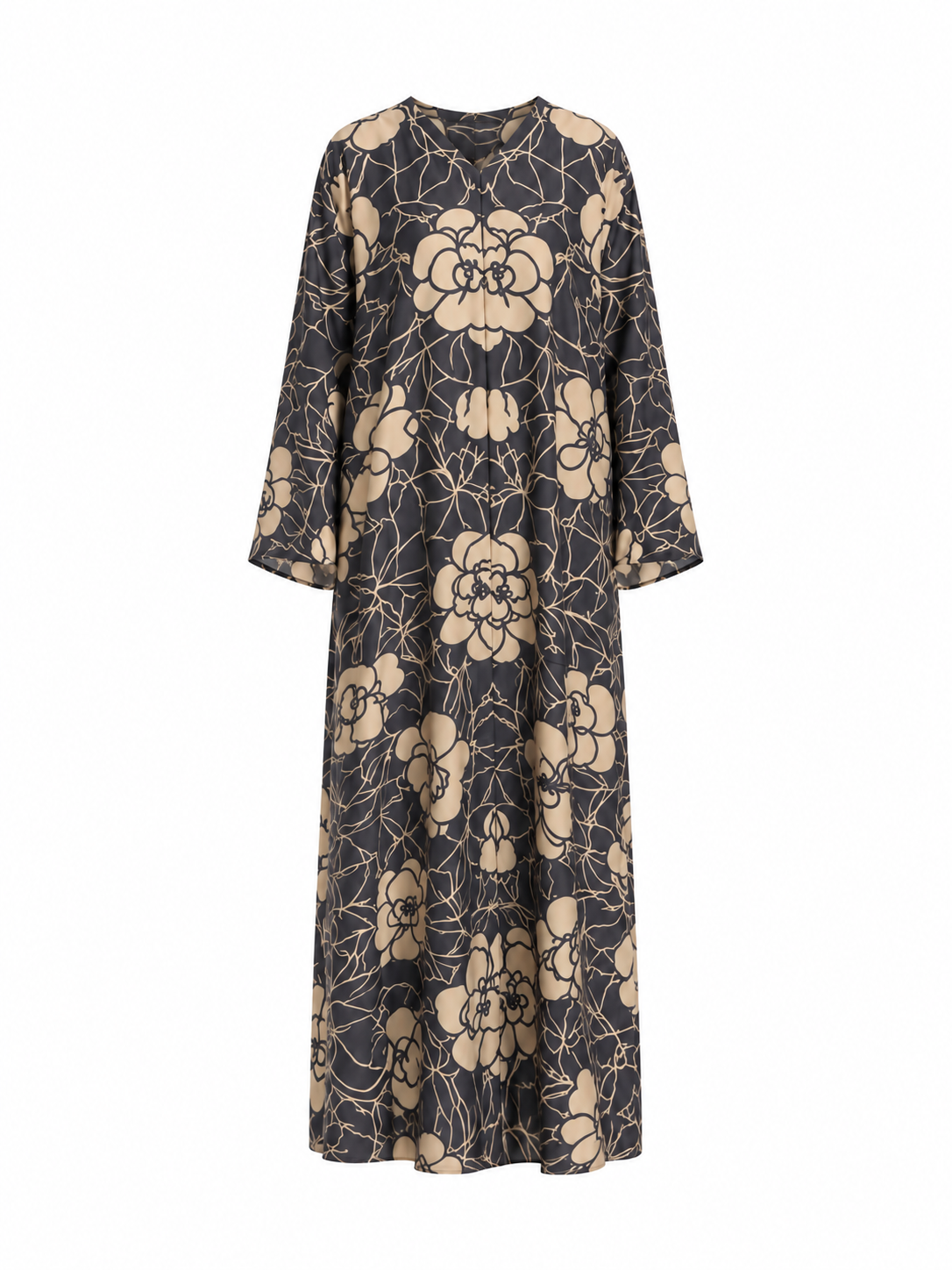 Charcoal Grey & Beige Floral Print Abaya Set | Modest Long Sleeve Maxi Abaya with Matching Chiffon Hijab