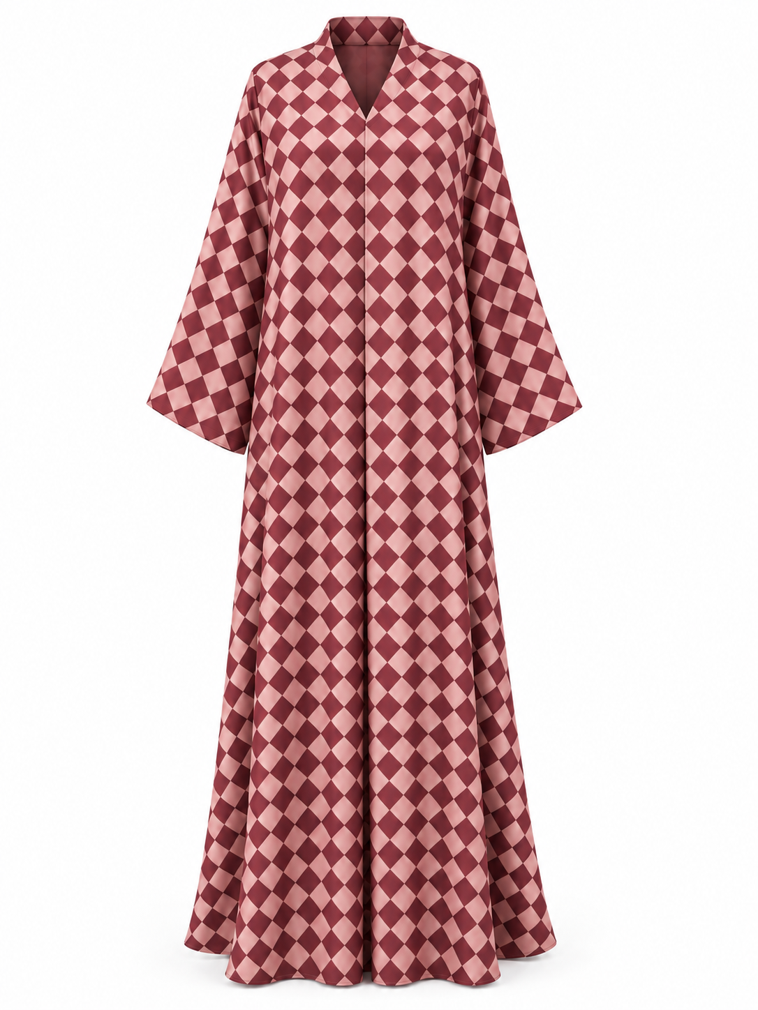 Burgundy & Blush Checkered Armani Silk Abaya Set | All-Over Plaid Print with Wide Sleeves & Matching Chiffon Hijab