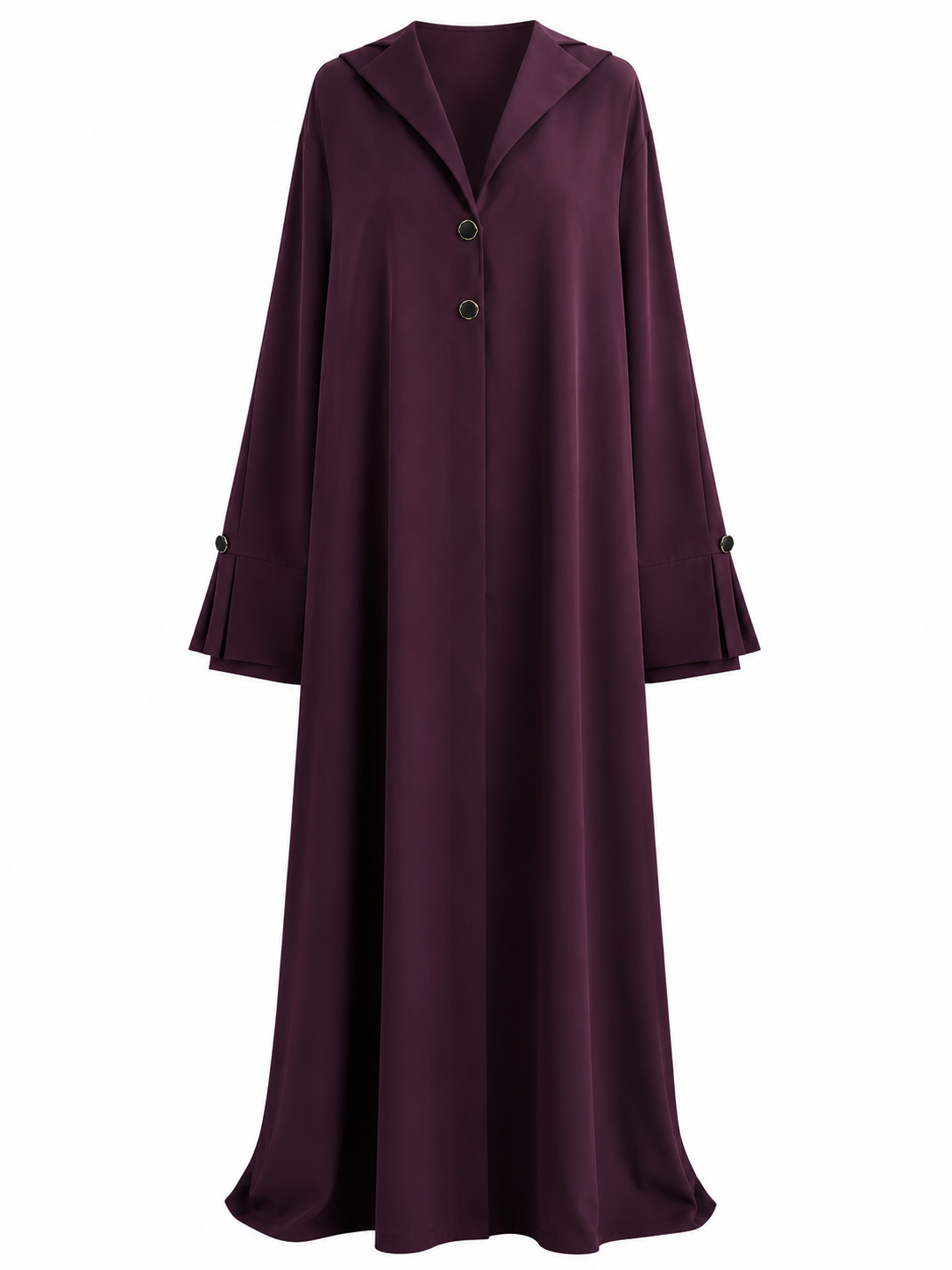 Deep Plum Collared Nida Abaya Set with Chiffon Hijab | Tailored Lapel Collar, Pleated Cuffs & Button Accent
