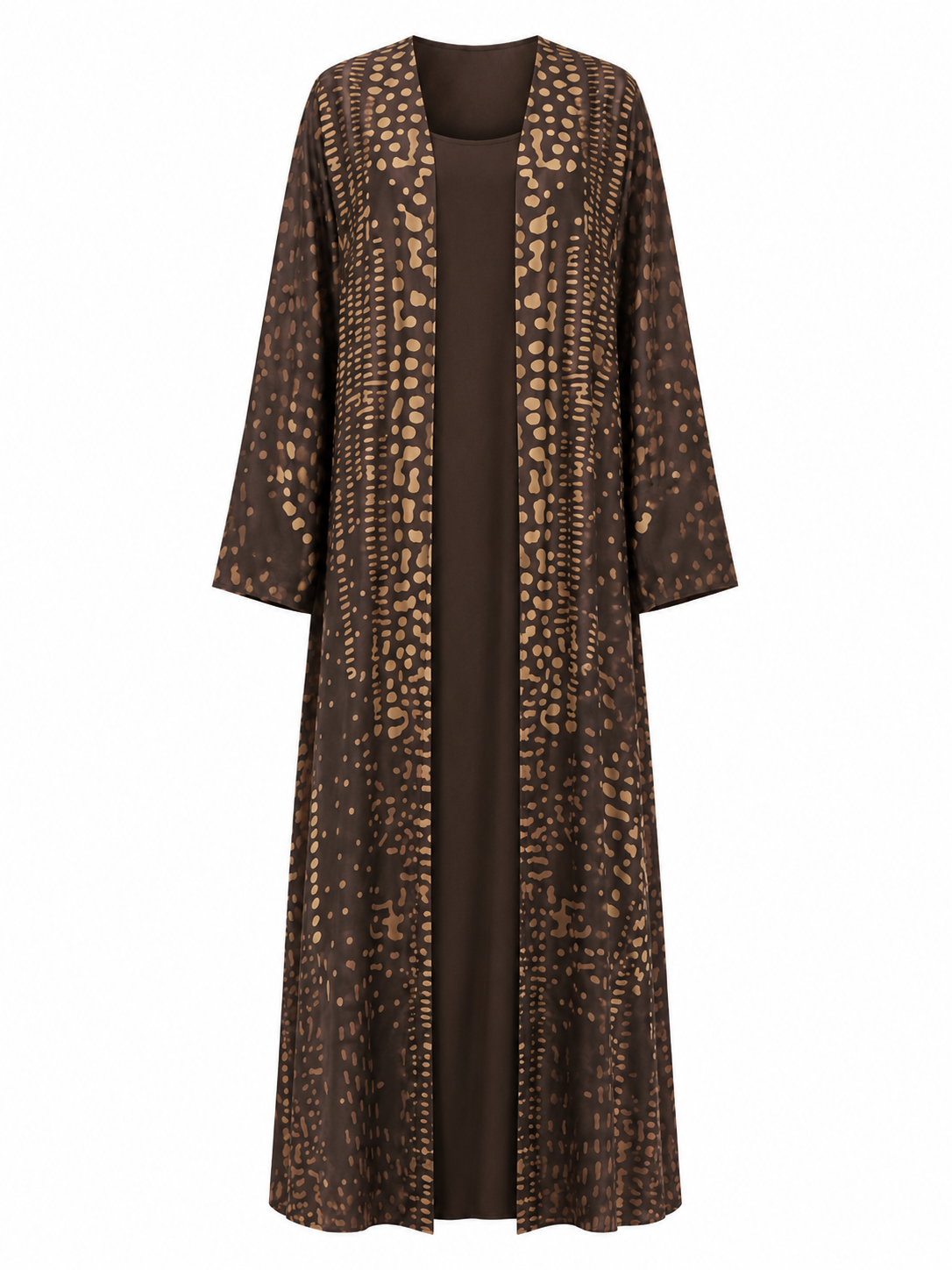 Women's Premium Silk Feel Kaftan Abaya, Brown Gold Abstract Print with Matching Hijab