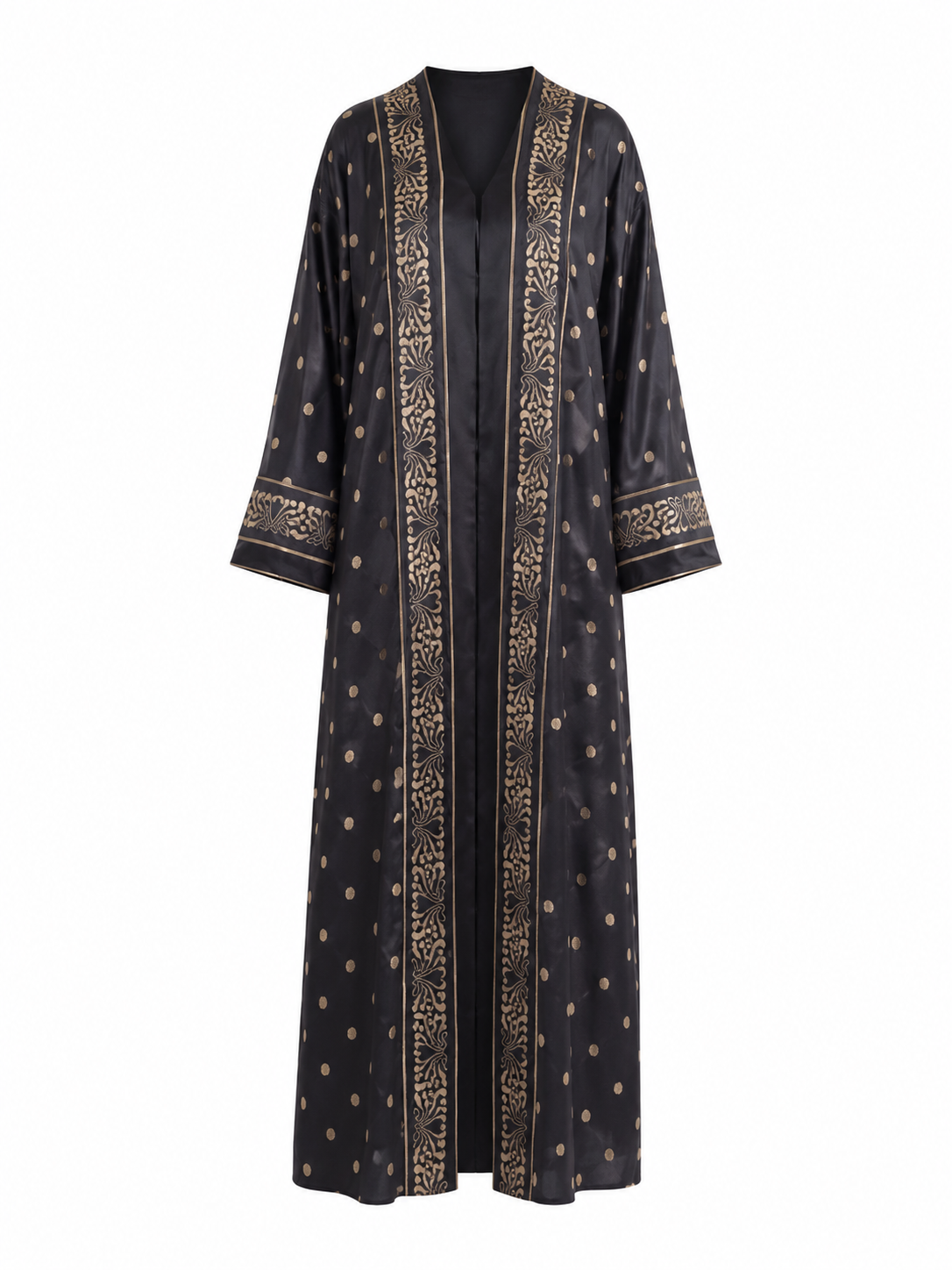 Royal Arabesque Silk Abaya with Matching Chiffon Hijab, Black & Antique Gold, Open Front