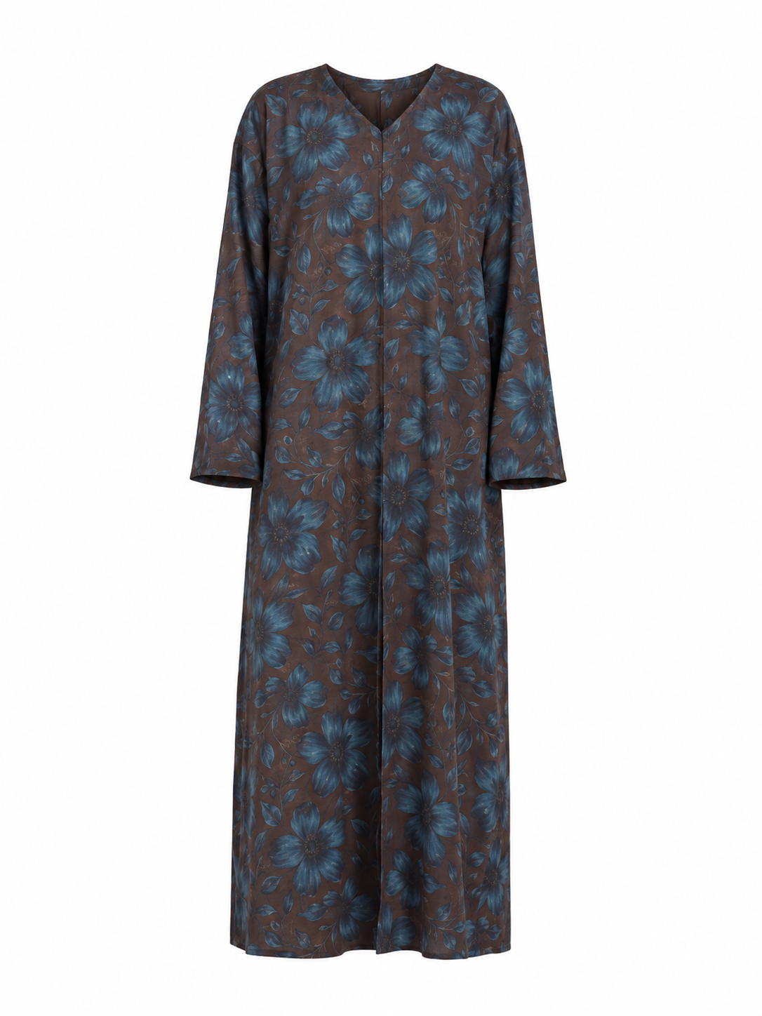 Women's Mocha Brown Silk Abaya with Deep Blue Floral Print and Matching Hijab